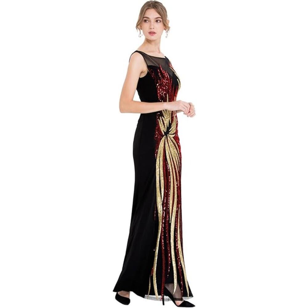 Angel Fashions Women's Sheer Gold Sequined Black Splicing Evening Dress Size 20